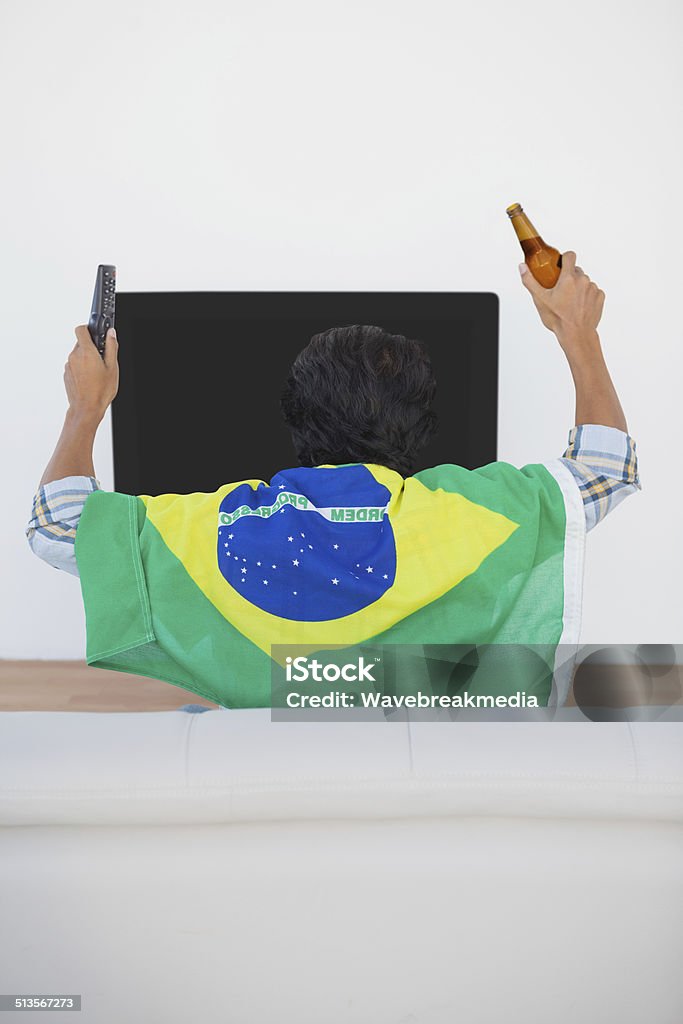 Brazilian soccer fan watching tv Rear view of Brazilian soccer fan watching tv 30-39 Years Stock Photo