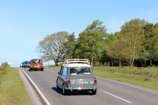New Forest, Hampshire, England, UK - May, 03 2014: A motor rally concept photo showing a convoy of minis. These cars (old and new minis) were part of a mini rally and were pictured driving along a scenic road through the heart of the New Forest, Hampshire, England, UK, on a sunny day in the late spring.
