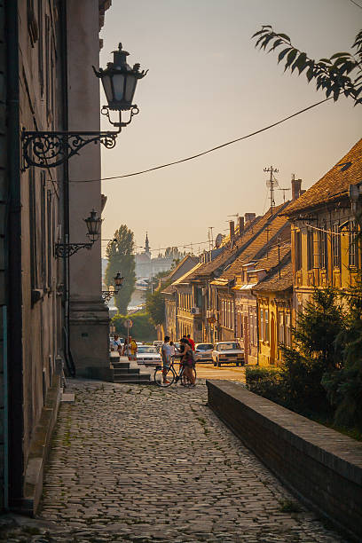 Petrovaradin old town Novi Sad, Serbia - August 10th, 2014: People visiting Petrovaradin old town. Street with old buildings. exit festival stock pictures, royalty-free photos & images