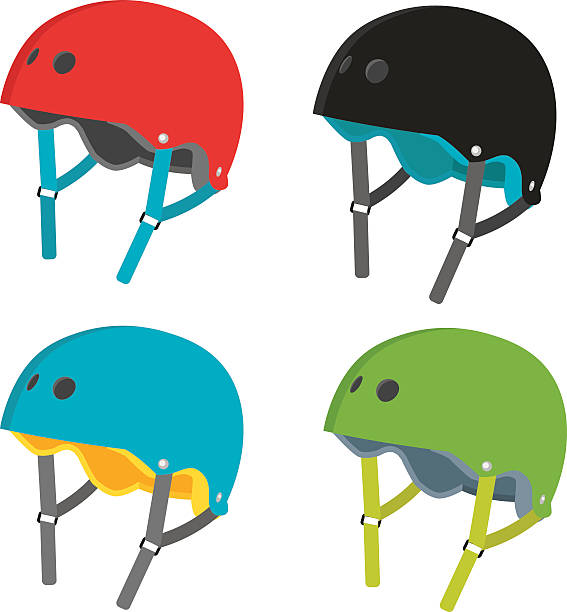 Vector flat helmets icons isolated on white background Vector set of helmet icons. Flat helmets isolated on white background. Helmets for extreme sports- roller skating, skateboarding and biking. Flat illustration of protective gear. sports helmet stock illustrations