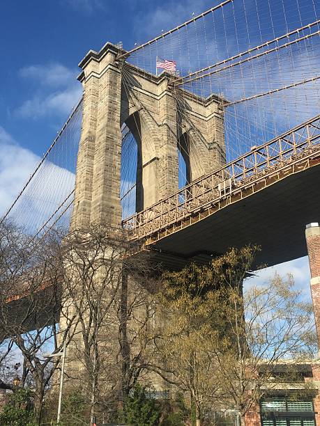 istock Brooklyn Bridge south tower closeup with flag full mast 513584552