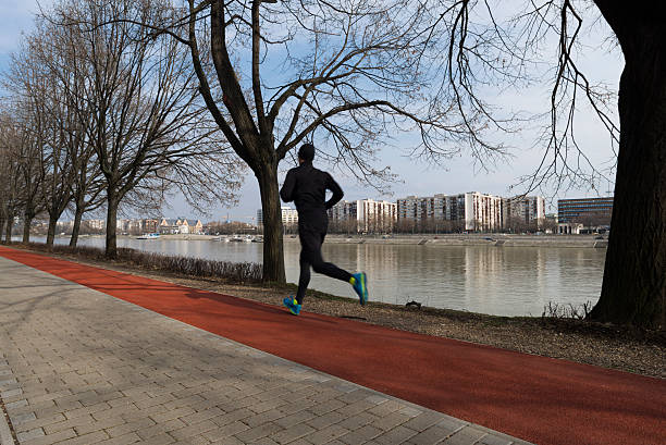 Young man jogging Budapest , Hungary- March 4, 2016: This image was made at Margaret Island. This island is located at Budapest in the Danube river. Many people come here to do aerobic training early morning and afternoon. During the week end more visit come here just to relax and walk. The  recent new path for runners was finished last year. Its a nice place to work out your body and to enjoy with family also in a  healthy way.. margitsziget stock pictures, royalty-free photos & images