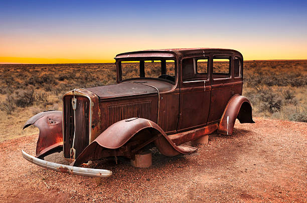 Route 66 vintage car relic displayed near the north entrance of Petrified Forest National Park in Arizona, USA