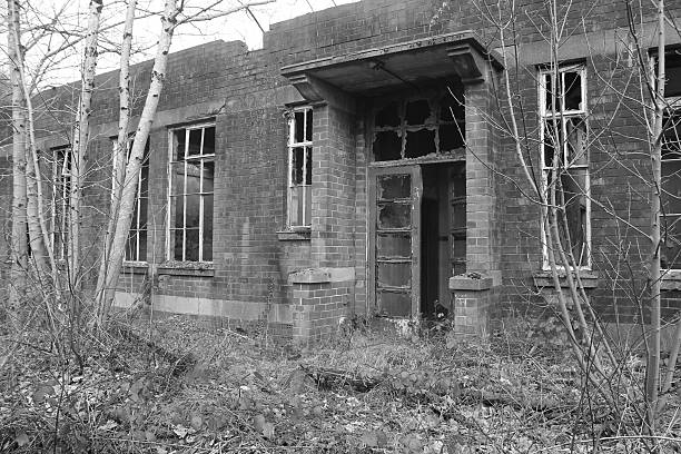 istock Creepy abandoned building, warehouse, in black and white 513588010