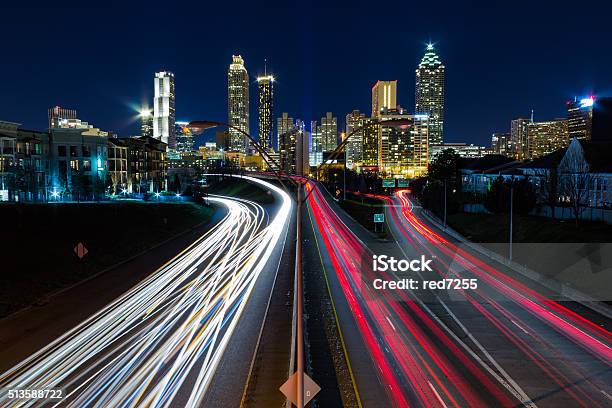 View Of Atlanta From Jackson Street Bridge Stock Photo - Download Image Now - Atlanta - Georgia, Night, Long Exposure