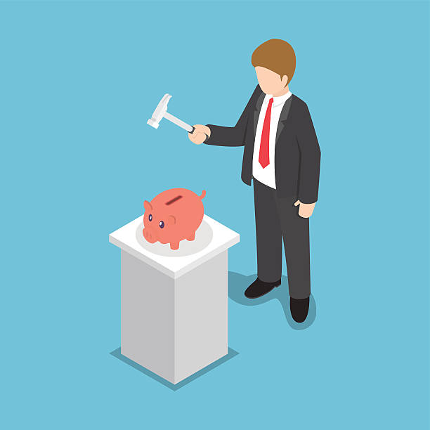 Isometric businessman with hammer ready to smash the piggy bank Isometric businessman with hammer in his hand ready to smash the piggy bank, financial concept, VECTOR, EPS10 white background level hand tool white stock illustrations