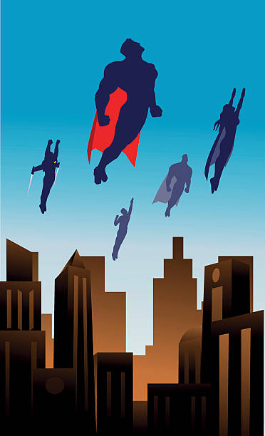 Vector art deco team of superheroes in retro city a retro art deco illustration of a superhero team flying in the air with retro buildings in the background decoteau stock illustrations