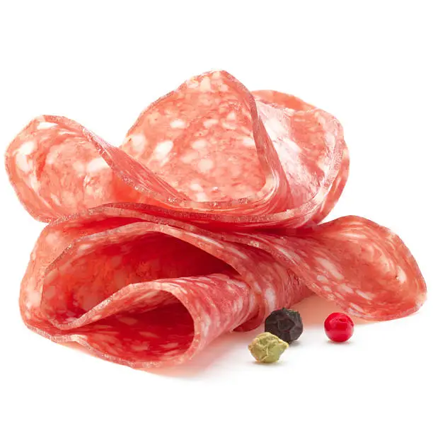 Salami sausage slices isolated on white background cutout