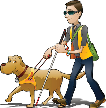 Guide dog is helping his blind friend. Vector illustration isolated on white.