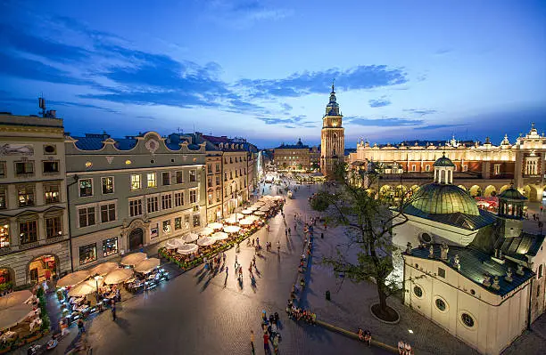 A view of the market square in Krakow, Poland at night