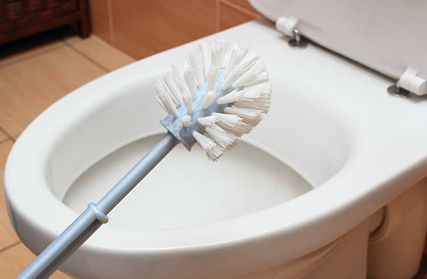 Brush for cleaning and toilet bowl Brush for cleaning and toilet bowl in background, concept for house cleaning and household duties toilet brush photos stock pictures, royalty-free photos & images