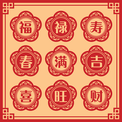 Set of chinese new year letter in vintage design. ( translation: blessing, emolument, longevity, spring, full / enough, lucky, happiness, prosperous, property / wealth.)