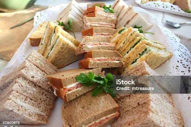 Triangular Sandwiches Afternoontea Egg Lettuce Smoked Salmon Beef Ham Partyfoodbuffet Stock Photo - Download Image Now