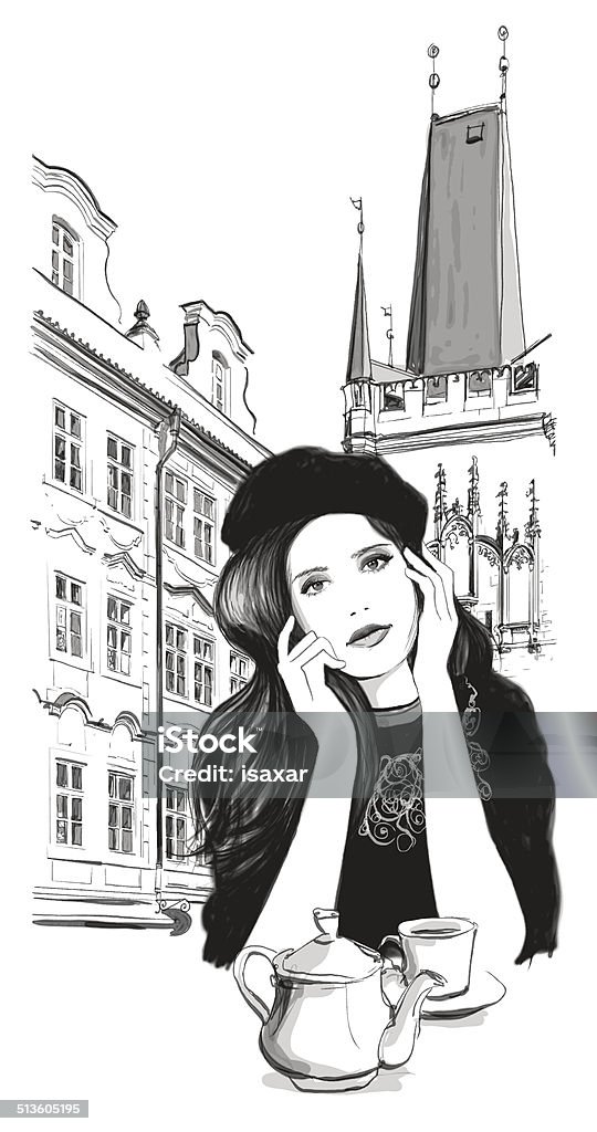 Young woman having tea at a cafe Week End in Prague - Young woman having tea at a cafe - Vector illustration Czech Republic stock vector
