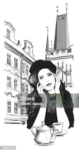Young Woman Having Tea At A Cafe Stock Illustration - Download Image Now - Czech Republic, Monument, Adult