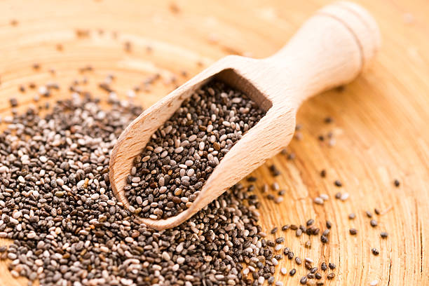 istock Nutritious chia seeds on a wooden spoon 513606871