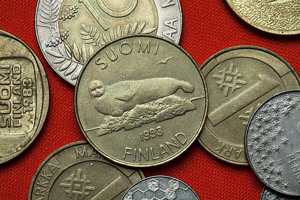 Coins of Finland Coins of Finland. Saimaa ringed seal (Pusa hispida saimensis) depicted in the Finnish five markka coin (1993). saimaa stock pictures, royalty-free photos & images