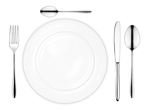place setting with empty dish fork spoon and knife isolated on white background