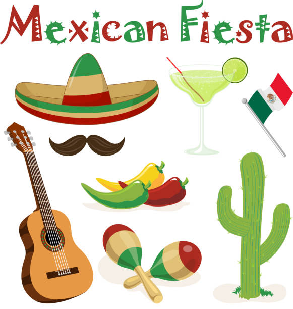 Mexican Fiesta Elements Graphic elements of Cinco de Mayo, included sombrero, margarita drink, maxican flag, jalapeno, cactus, guitar and maracas. mexico illustrations stock illustrations