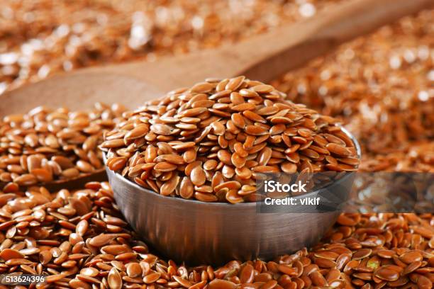 Brown Flax Seeds Background Stock Photo - Download Image Now - Acid, Bowl, Brown