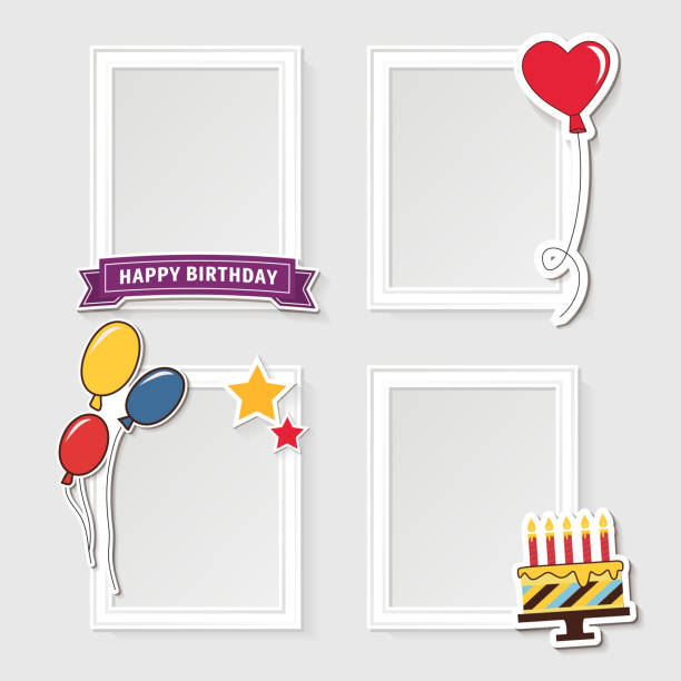 Birthday photo frame Design photo frames on nice background. Decorative template for baby, family or memories. Scrapbook concept, vector illustration. Birthday fine art portrait photos stock illustrations