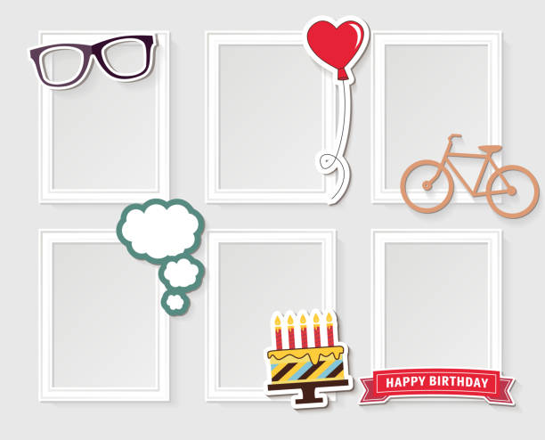 Birthday photo frame Design photo frames on nice background. Decorative template for baby, family or memories. Scrapbook concept, vector illustration. Birthday family photo on wall stock illustrations