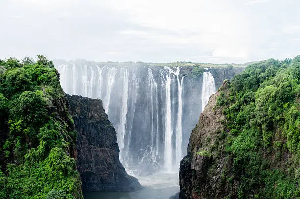 Victoria Falls, the smoke that thunders or Mosi-oa-Tunya. Border between Zambia and Zimbabwe. Africa