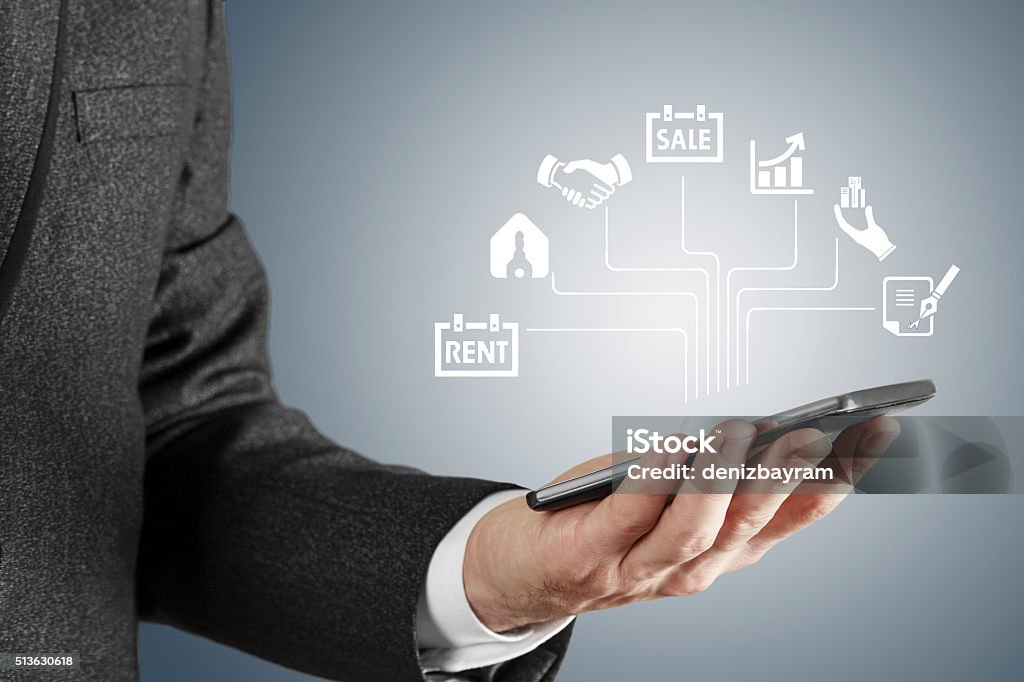 Real estate concept Real estate concept - Business man searching icon screen interface Real Estate Stock Photo