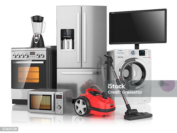 Set Of Household Kitchen Appliances Stock Photo - Download Image Now - Appliance, White Background, Television Set