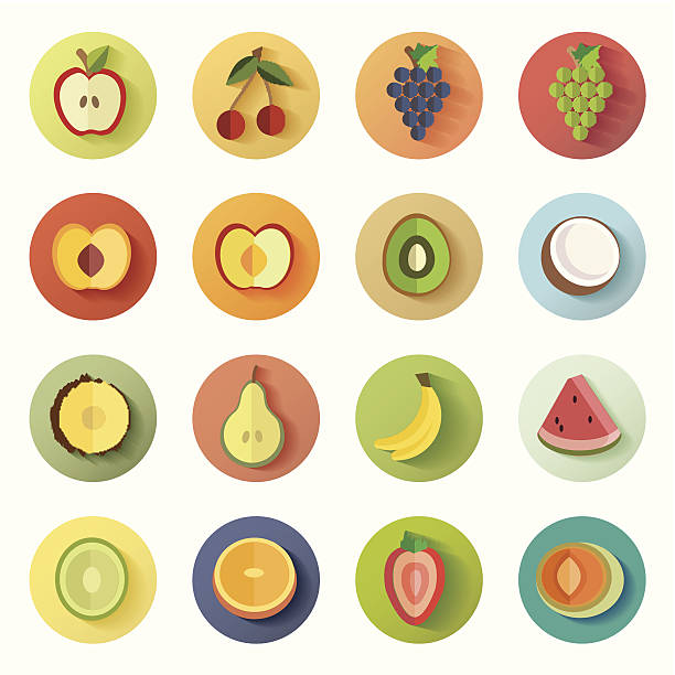 illustrazioni stock, clip art, cartoni animati e icone di tendenza di tutto in un unico set di icone di frutta colorata collezione - peach fruit portion orange