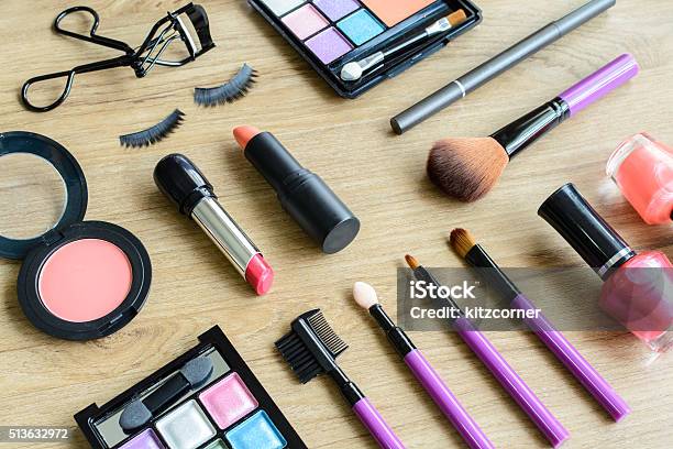 Make Up With Cosmetics And Brushes Stock Photo - Download Image Now - Adult, Arts Culture and Entertainment, Beauty