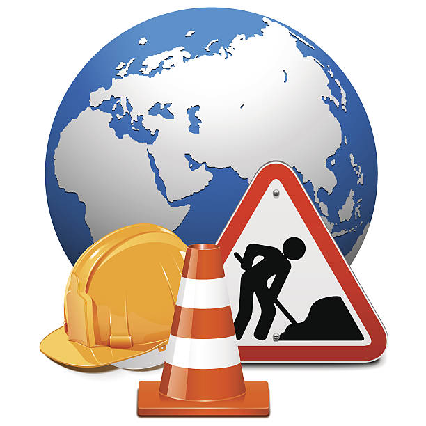 ilustrações de stock, clip art, desenhos animados e ícones de vector conceito com globo de reparação - construction industry business warning symbol