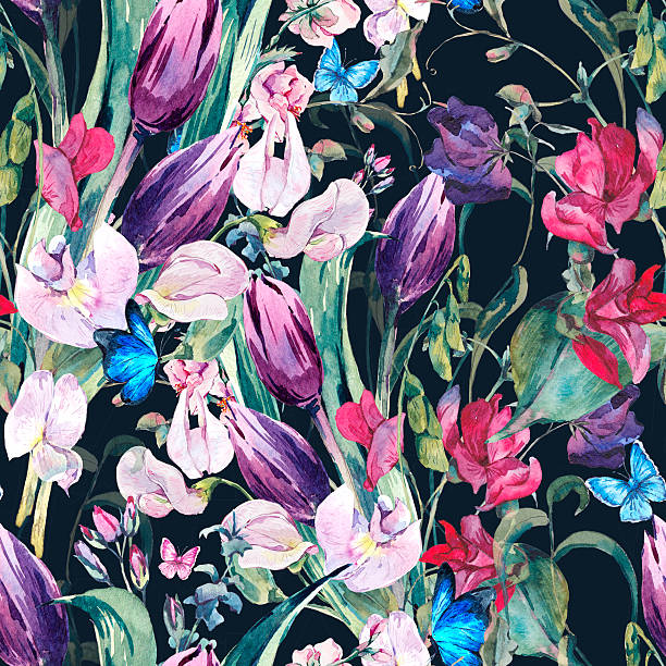 istock Watercolor Seamless Background with Sweet Peas, Tulips 513635254