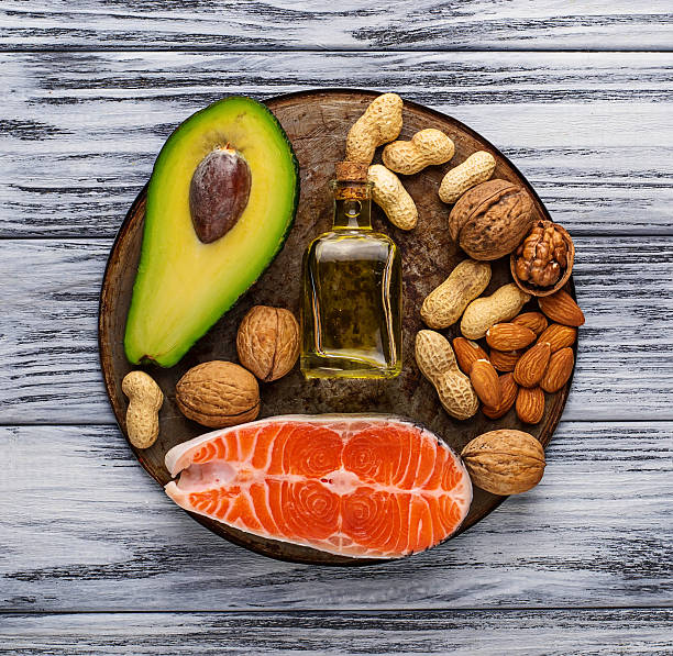 istock Healthy fat salmon, avocado, oil, nuts 513636196
