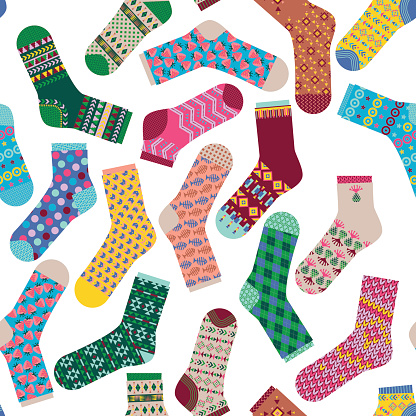 Various multi-colored socks. Seamless background pattern. Vector illustration