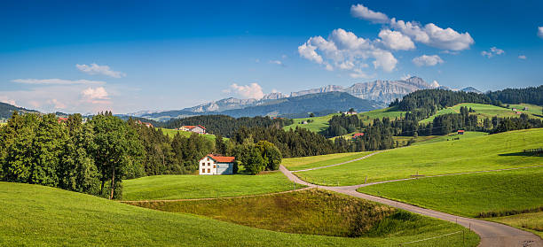Idyllic landscape in the Alps, Appenzellerland, Switzerland Beautiful view of idyllic mountain scenery in the Alps with green meadows and famous Saentis summit in the background on a sunny day with blue sky and clouds in summer, Appenzellerland, Switzerland appenzell stock pictures, royalty-free photos & images