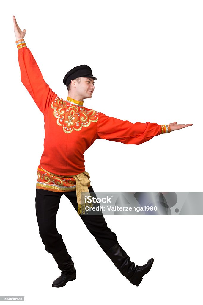 attractive caucasian guy dancing in folk costume attractive caucasian guy dancing in folk costume isolated on white Russian Culture Stock Photo