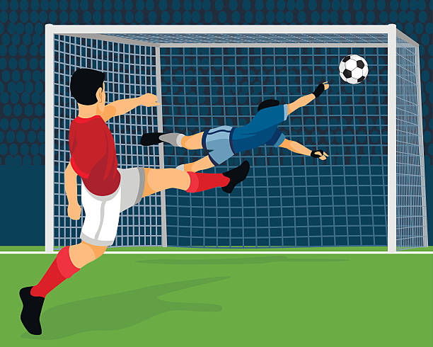 illustrazioni stock, clip art, cartoni animati e icone di tendenza di giocatore di calcio punteggi obiettivo - goal kick