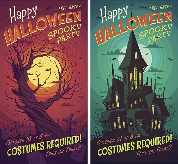 Halloween posters Halloween poster \ background \ card. Vector illustration. tree illustration and painting art cartoon stock illustrations