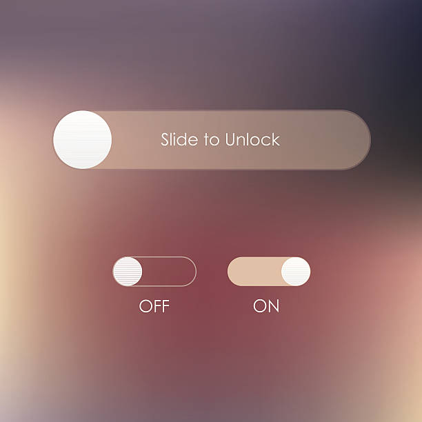 slide to unlock button and on off buttons slide to unlock button and on off buttons isolated on soft blurred background- mobile application user interface design unlocking stock illustrations
