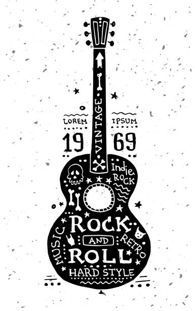 Illustration of vintage grunge label with guitar Illustration of vector vintage grunge label with guitar guitar drawings stock illustrations