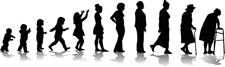 A vector silhouette illustration of the aging process of a woman from toddler to elderly woman.