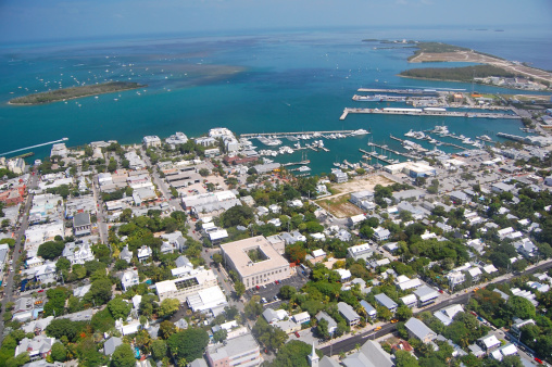 aerial view over Key West looking north with Duval Street and the marina