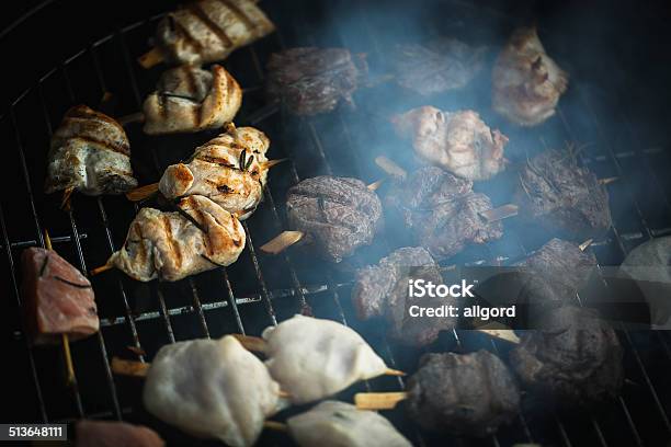 Pieces Of Meat On The Grill Stock Photo - Download Image Now - Barbecue - Meal, Barbecue Grill, Beef