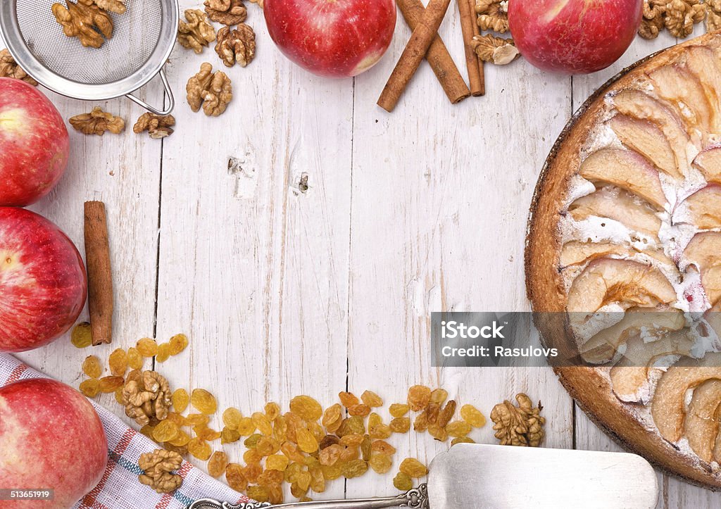 Apple cake. Frame. Apple cake on white wooden table. Frame. Apple - Fruit Stock Photo