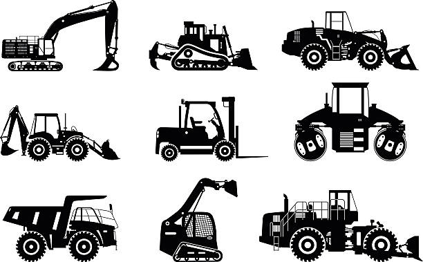 illustrazioni stock, clip art, cartoni animati e icone di tendenza di gruppo di modelli la costruzione e attrezzature minerarie. - earth mover bulldozer construction scoop
