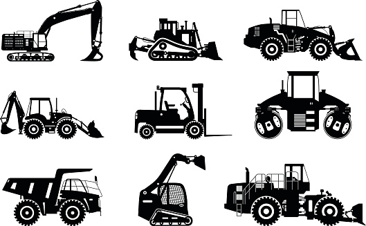 Silhouettes illustration of heavy equipment and machinery isolated on white background. Vector illustration.