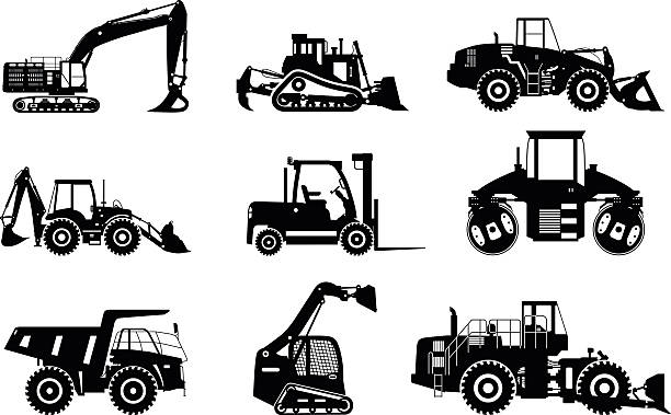 Set of silhouettes heavy construction and mining machines. Silhouettes illustration of heavy equipment and machinery isolated on white background. Vector illustration. wheel excavator stock illustrations