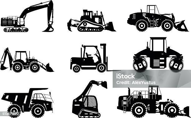 Set Of Silhouettes Heavy Construction And Mining Machines Stock Illustration - Download Image Now