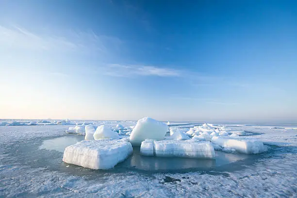 Ice hummocks swim in the sea.